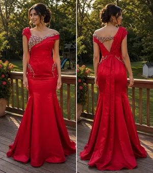 Elegant Red Off-Shoulder Evening Gown with Crystal Detail thumbnail 2