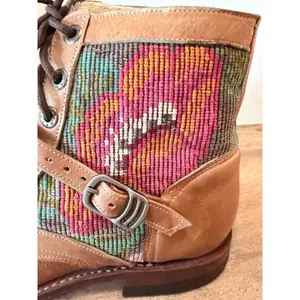 Artisan Handcrafted Leather‎ Huipil Lace Up Buckle Boots Tan Multi Color thumbnail 2