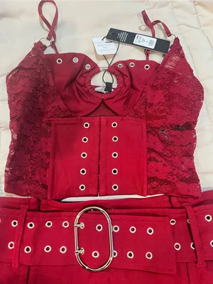 Red Lace-Trim Grommet Mini Dress Set - Women thumbnail 4
