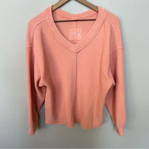 Aerie Wonder Textured V Neck Oversized Sweatshirt Saturn Peach Top Coral Orange thumbnail 4