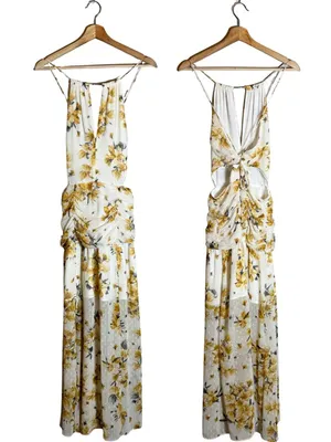 Hello Molly Just Us Floral Maxi Dress Womens Medium White Yellow Slits Open Back thumbnail 5