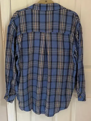 CHYRII Amazon Brand Women’s Oversized Blue Plaid Flannel Button Down Shirt thumbnail 10
