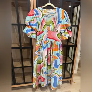 Red Dress Boutique Colorful maxi midi dress puff sleeve vneck button down swirl print thumbnail 5