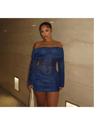 NEW Sexy Off Shoulder Bodycon Mini Dress Mesh Ruched Y2K Club S thumbnail 4
