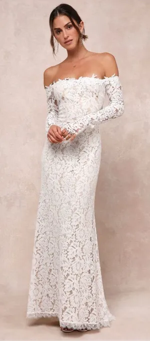 LULU’S Romance Dreamer White Lace Off The Shoulder Maxi Dress thumbnail 1