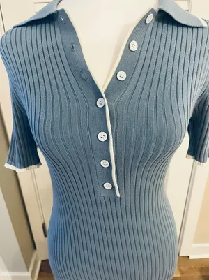 Merokeety Women's V Neck Ribbed Knit Midi Dress Short Sleeve Button Elegant Bodycon Sweater Dress thumbnail 6