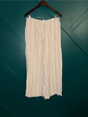 Boho Linen Blend Striped Wide Leg Lounge Pants Cream Drawstring Coastal Grandma thumbnail 2