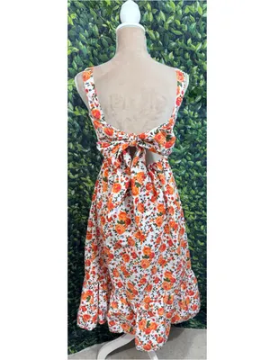 Boutique Floral Garden Party Midi Dress Tie Back Ruffle Hem Cotton Size Medium thumbnail 9