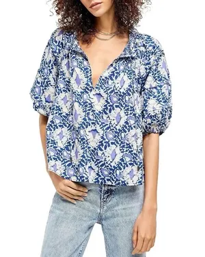 Free People Blue & Cream Floral Puff-Sleeve Blouse thumbnail 2