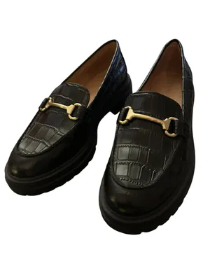 Madewell Bradley Size 7 Lugsole Loafer Croc Embossed Black Gold Horse bit thumbnail 3