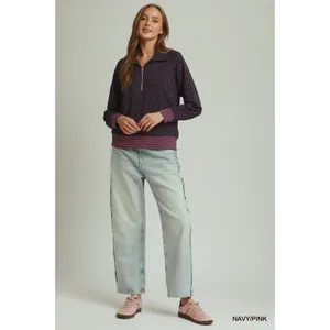 Umgee Polka Dot Half Zip Sweatshirt - Navy/Pink - Medium thumbnail 7