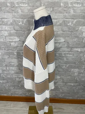 Elan Striped Half-Zip Ribbed Sweater - White, Tan & Navy thumbnail 2