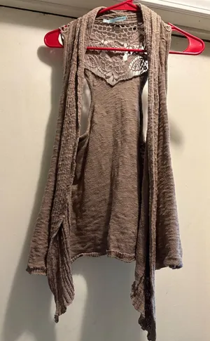 Maurice’s tan crochet lace cotton sweater vest, Medium thumbnail 1