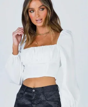 Princess Polly White Long Sleeve Crop Top thumbnail 1