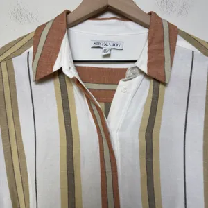 Shona Joy Women Suzana‎ Linen Button Front Tunic Shirt Medium Striped Resort thumbnail 6