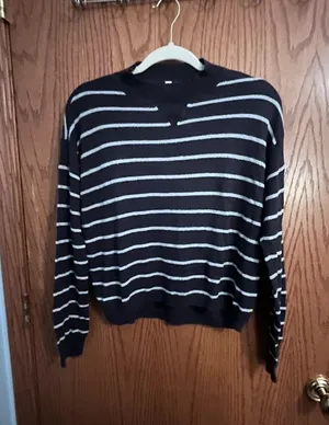 RVCA Women's Navy and White Striped Turtleneck Sweater thumbnail 1