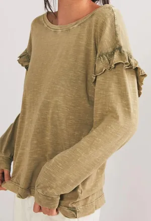 PILCRO BY ANTHROPOLOGIE Ruffle Open Back Long Sleeve Tee - Moss thumbnail 1