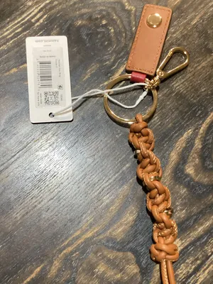Hammitt Tan Braided Leather Keyring Bag Charm with Gold Hardware and Red Accent thumbnail 3