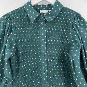 ASOS Smocked Polka Dot‎ Green Mini Dress Long Sleeves Collared Button Size 4 thumbnail 3