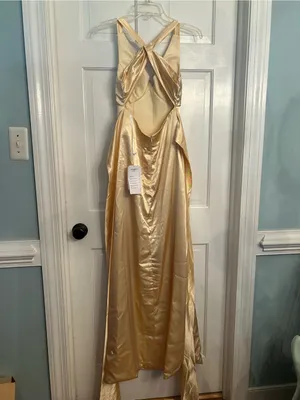 Elegant Satin V-Neck Evening Gown in Pale yellow Gold size 2 thumbnail 4