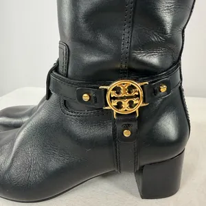 Vintage Y2K Tory Burch Leather Gold Logo Knee High Heeled Boots in Black Size‎ 7 thumbnail 6