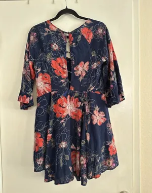 Free People Navy Floral Keyhole Blouse with Pink & Coral Accents thumbnail 2