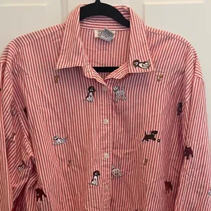 Teddi Red White Striped Embroidered Dog Bone Button Down Shirt 1X Whimsical thumbnail 1