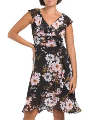 London Times Petites Floral Ruffle Trim Faux Wrap Dress Black Blush 10P thumbnail 1
