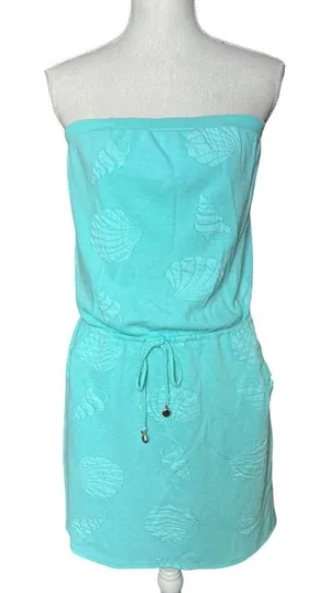 Dotti Turquoise Strapless Seashell Terry Cloth Dress Cover-Up resort wear L thumbnail 1