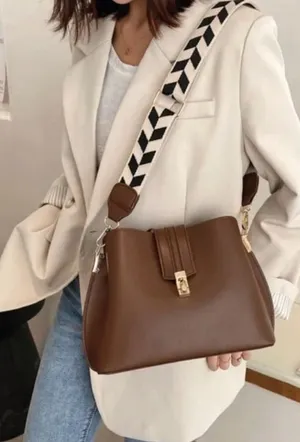 Brown Faux Leather Bag Black Cream Chevron Strap thumbnail 1