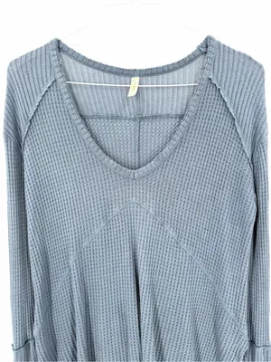 Free People Blue Gray Sunset Park Drippy Thermal Waffle Knit Oversized Shirt Top thumbnail 4