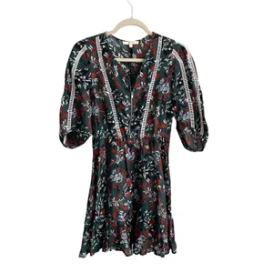 Maje Rubik‎ Imprime Floral Dress Womens 2 Small Green Red Boho Lace Trim V-Neck thumbnail 3