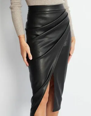 Commense Pleated Split PU Leather Skirt size L Black Size L thumbnail 1