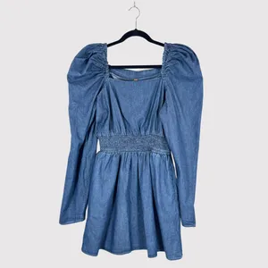 Free People Womens Dress Molly Mini Chambray Puff Sleeve Smocked A Line Large thumbnail 2