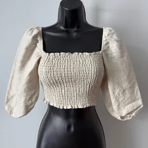 Reformation sz 2 Beige 100% Linen Smocked Puff Sleeve Crop‎ Top Blouse Cottage thumbnail 1
