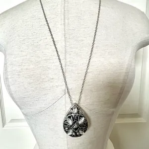 Long silver tone rhinestone pendant necklace thumbnail 1