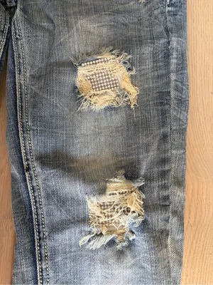 Machine distressed crystal embellished low rise denim jeans thumbnail 4