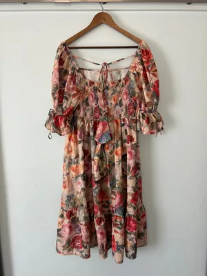 Peach and Pink Floral puff sleeve Midi Dress w Bows thumbnail 4