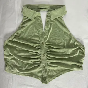 Princess Polly Sage Green Halter Crop Top Button Front Ruched Open Back Size 12 thumbnail 1
