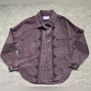 Dear John Purple/Maroon Denim Button-Up Jacket with Embroidered Aztec Details thumbnail 1