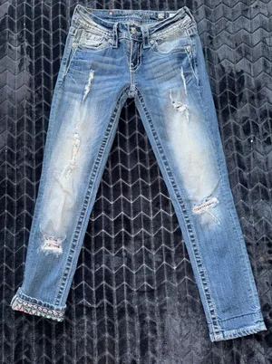 Miss Me Women's Blue Denim Embellished Low‎ Rise Signature Rise Cropped Size 25 thumbnail 1
