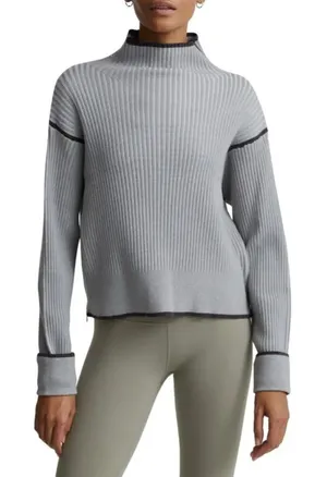 Varley Women's‎ Hagen Grey Ribbed Mock Neck Side Zip Cropped Sweater Sz Medium thumbnail 1