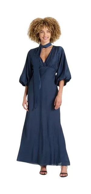 NWT A New Day Womens Tie Neck Maxi Dress 94441338 Navy Blue L thumbnail 1