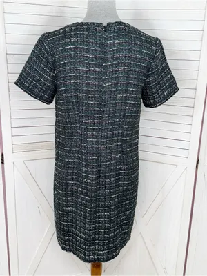 Loft Tweed Front Pocket Shift Dress Black Teal Size 4 Preppy Office Retro Boucle thumbnail 5