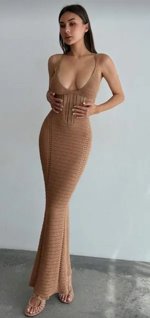 Sexy Crochet Dress Brown thumbnail 1