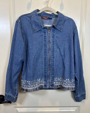 Vintage AGAPO Denim Zip Jacket Size XL Metallic Silver Embroidered thumbnail 1