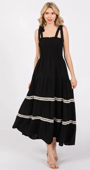 NWT Signify Black Smocked Maxi Dress Coquette Boho Ribbon & Lace Tiered Sundress thumbnail 1