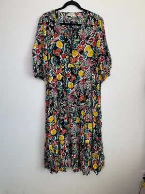Natural Life Dress Sage V Neck Maxi Tiered Black floral Red Multi Yellow Accents thumbnail 5
