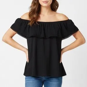 Old Navy Blouse Top Womens Medium Black Cotton Pleated Off the Shoulder Outdoor thumbnail 1