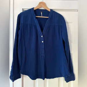 Free People Changing Horizons Gauze‎ Blue Pullover Top EUC Size Small thumbnail 2
